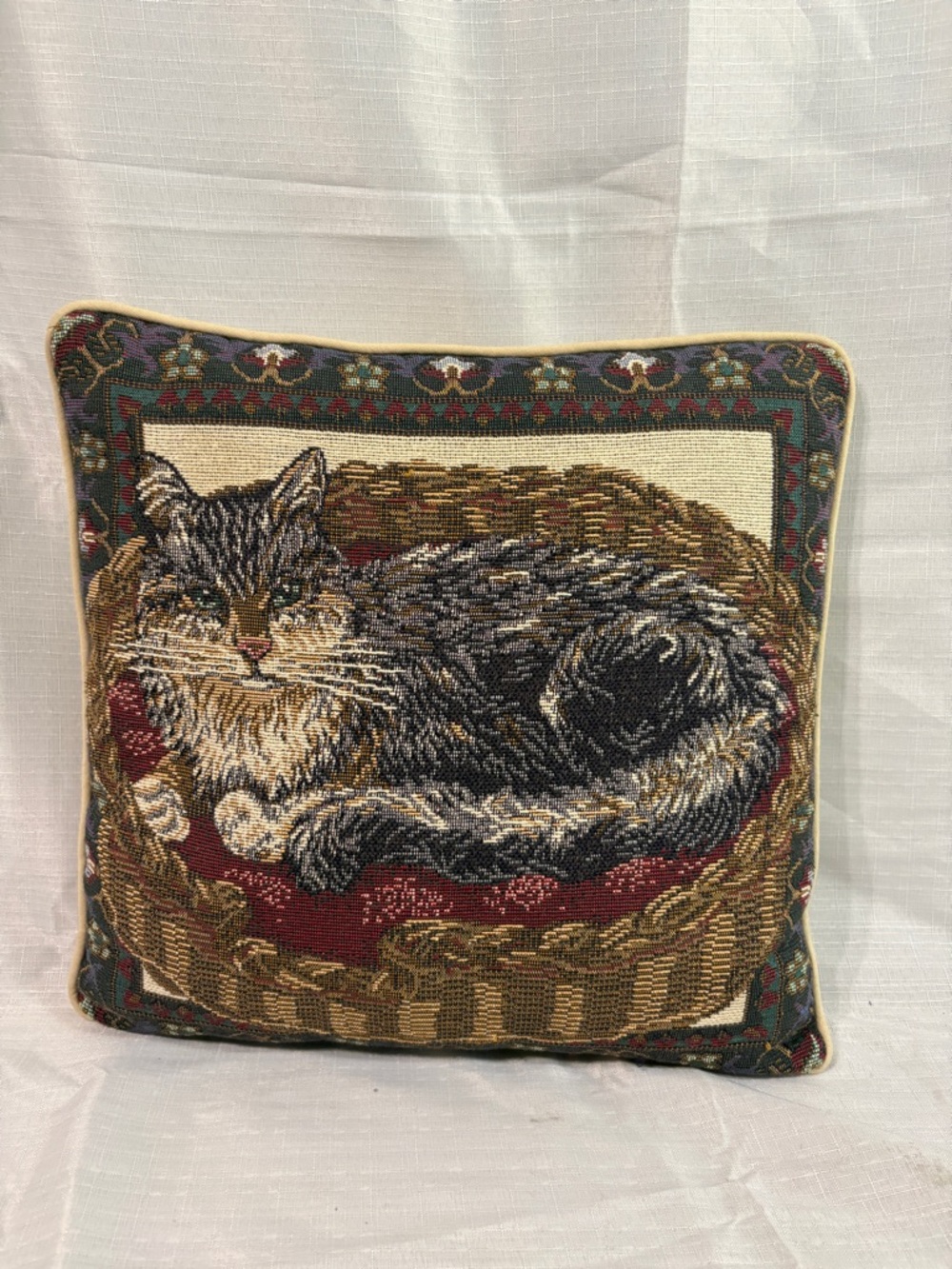 Cat Tapestry Pillow - Brown, Black, Cream, Red